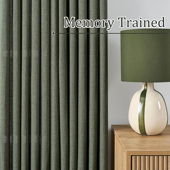 RAIN CITY 2 PCs Olive Green Linen Sheer Pinch Pleat Curtains 96 Inch Long for Living Room,Pleated Drape with Hooks Back Tab Boho Decor, Olive Forest Loden Privacy Curtains for Bedroom 42x96 in