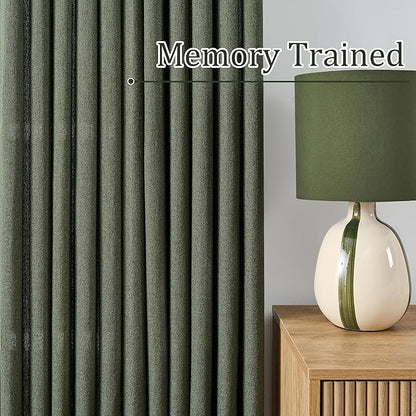 RAIN CITY 2 PCs Olive Green Linen Sheer Pinch Pleat Curtains 96 Inch Long for Living Room,Pleated Drape with Hooks Back Tab Boho Decor, Olive Forest Loden Privacy Curtains for Bedroom 42x96 in