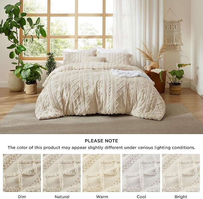 Bedsure Tufted Boho Comforter Set King Size - Beige Boho Bed Set, GentleSoft™ 3 Pieces Farmhouse Shabby Chic Embroidery Bedding, Gifts for Woman, Soft Jacquard King Comforter for All Seasons