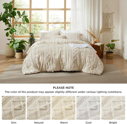 Bedsure Tufted Boho Comforter Set Oversized Queen - Beige Boho Bed Set, GentleSoft™ 3 Pieces Farmhouse Shabby Chic Embroidery Bedding, Gifts for Woman, Soft Jacquard Comforter for All Seasons
