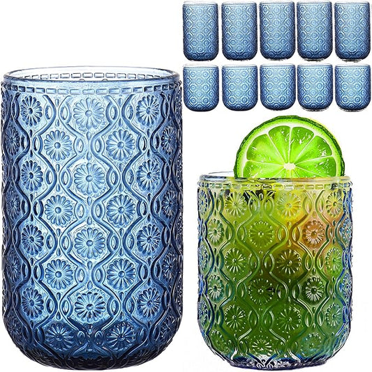 Blue Drinking Glasses Set of 12, 12 Oz Highball & 10 Oz Cocktail Glasses, Blue Kitchen Vintage Glassware Set, Floral Embossed Glass Tumbler Cups for Water, Beer, Juice, Whiskey, Coffee