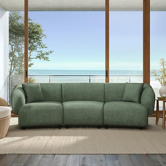 Merax 98.5" Modern 3 Seater Curved Sofa, Luxury Boucle Fabric Sofa, Minimalist Cozy Cloud Couch for Living Room, Bedroom, Apartment, Home Office, Green