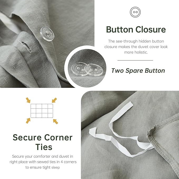 Simple&Opulence 100% Linen Duvet Cover Set, 3 PCS Natural French Flax Dove Grey Duvet Cover Queen Size, Breathable Soft Comfy Linen Bedding Comforter Cover with 2 Pillowcases(Dove Grey, 88"x92")