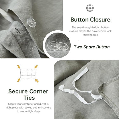 Simple&Opulence 100% Linen Duvet Cover Set, 3 PCS Natural French Flax Dove Grey Duvet Cover Queen Size, Breathable Soft Comfy Linen Bedding Comforter Cover with 2 Pillowcases(Dove Grey, 88"x92")