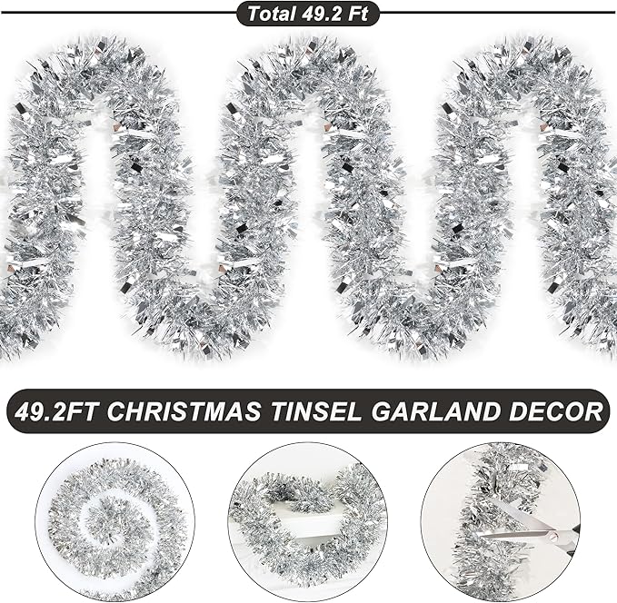 50 FT Silver Christmas Tinsel Garland Christmas Decorations for Xmas Tree Decor Metallic Twist Shiny Hanging Garlands for Tree Mantel Stairs Fireplace Home Indoor Outdoor Holiday Decor Party Supplies