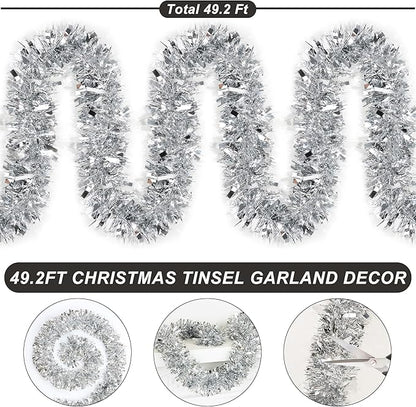 50 FT Silver Christmas Tinsel Garland Christmas Decorations for Xmas Tree Decor Metallic Twist Shiny Hanging Garlands for Tree Mantel Stairs Fireplace Home Indoor Outdoor Holiday Decor Party Supplies