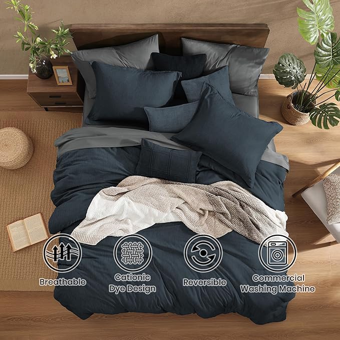 Monbix Full Size Comforter Set, Navy Blue Bedding Comforter for Full Size Bed Set Reversible, Bedding Sets Full 7 Pieces, Cationic Dyeing Bed in a Bag with Comforter, Sheets, Pillowcases & Shams