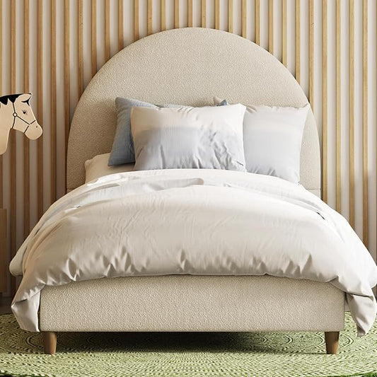 DG Casa Boucle Cloud Bed Frame with Arch Shaped Headboard, Upholstered in Soft Fabric, Platform Solid Wood Legs - Boho or Modern Style - No Box Spring Needed - Twin Size