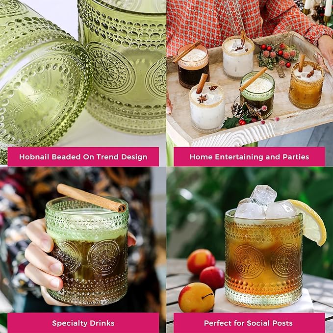 Kate Aspen Hobnail Beaded Floral Green Drinking Glasses Set of 6, (10 oz) Vintage Glassware Set Cocktail Glass Set, Juice Glass, Water Cups | Great Hostess Gift & Gift for New Home Owners