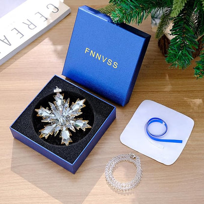 2025 Annual Christmas Ornaments Crystal Snowflake Star, Clear Champagne Faceted Crystal with Tone Metal Accents and Rayon Ribbon-New Year Christmas Tree Ornament Large Crystals Home Hanging Decor