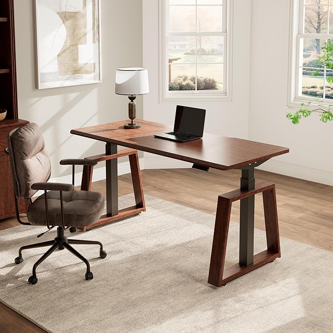 EUREKA ERGONOMIC Electric Standing Desk, 63inch Executive Computer Desk Adjustable Height Desk Modern Trapezoidal Leg Sit Stand Desk Smart APP&Touch Screen, Cherry Top