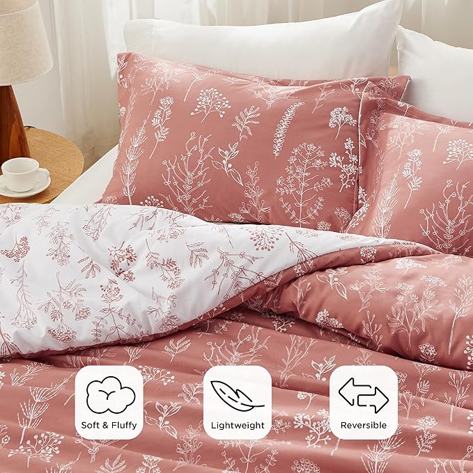 Bedsure Full Comforter Set - Grayish Pink Bed Set, 3 Pieces Cute Floral Bedding, 1 Soft Reversible Botanical Flowers Comforter and 2 Pillow Shams