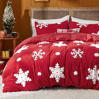 Bedsure Fluffy Duvet Cover Set - Ultra Soft Plush Shaggy Comforter Cover King Size, Warm Flannel Fleece Bed Sets for Winter, 3 Pieces, Snowflake Pattern, Red