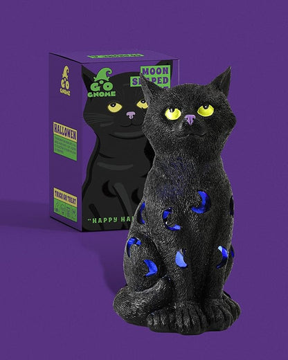 Black Cat Decor Halloween Decorations - 7.3'' Tall Resin Figurine with Moon Cutouts Color-Changing LED Flickering Lights (Halloween Cat)