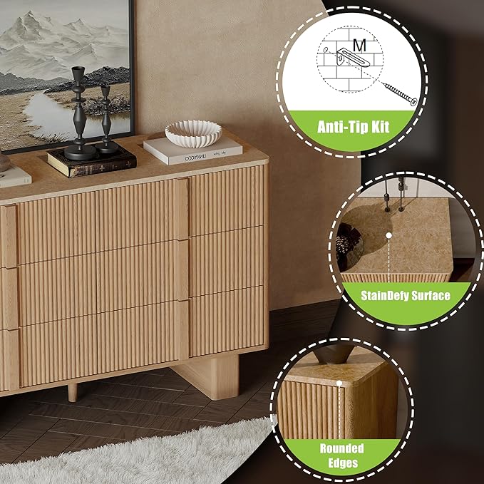 Fluted Dresser for Bedroom with 6 Drawers,47" Wide Modern Chest of Drawers with Wooden Handle, Wooden Dresser TV Stand, Wood Closet Clothes Storage Organizer for Living Room, Hallway, Light Oak