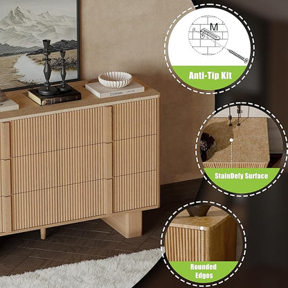 Fluted Dresser for Bedroom with 6 Drawers,47" Wide Modern Chest of Drawers with Wooden Handle, Wooden Dresser TV Stand, Wood Closet Clothes Storage Organizer for Living Room, Hallway, Light Oak