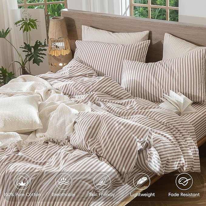 MooMee Striped Duvet Cover Set 100% Washed Cotton Linen Like Textured Breathable Durable Soft Comfy (Orange Classic Stripes, Super King 108"x98")