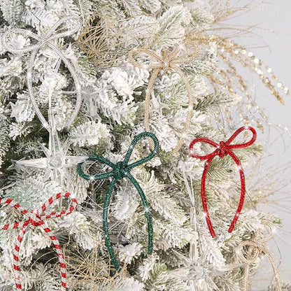 FLAIR GIFTS 6 Pcs 2025 Christmas Bows Ornaments, Champagne Gold Sparkly Glitter Rhinestone Bow Ornaments with Twist Tie for Xmas Tree Decoration, Wreath, Garland, Gift Wrapping