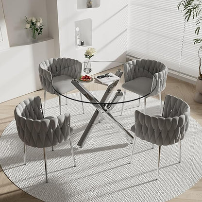 Silver Luxury Round Dining Table Set for 4, 39'' Clear Circle Glass Top Dinner Table Set, 5 PCS Modern Circular Kitchen Table and Grey Woven Chairs Set, for Small Apartment Living Room