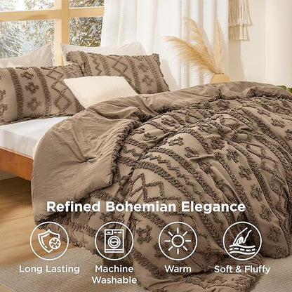 Bedsure Tufted Boho Comforter Set King Size - Light Brown Boho Bed Set, GentleSoft™ 3 Pieces Farmhouse Shabby Chic Embroidery Bedding, Gifts for Woman, Jacquard King Comforter for All Seasons