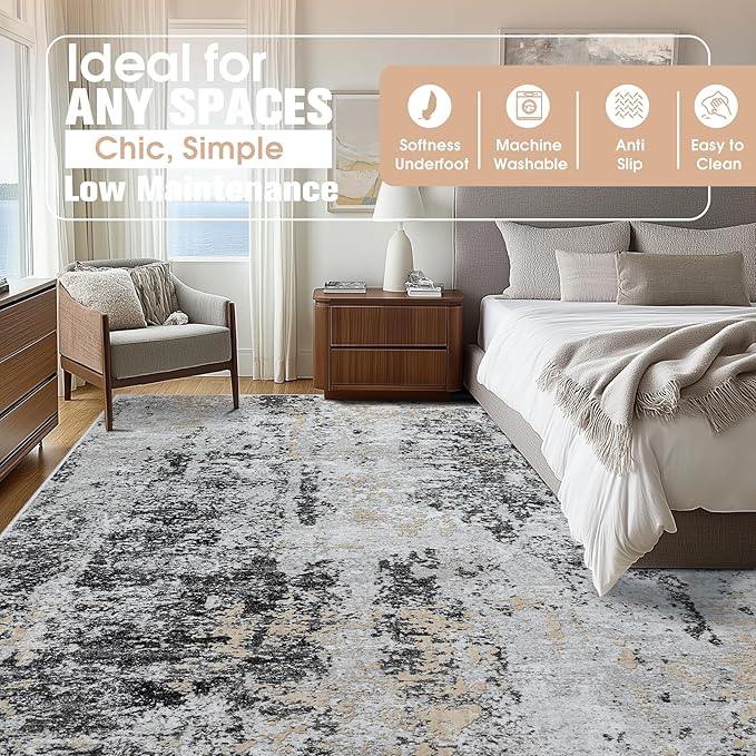 9x12 Area Rugs for Living Room Rug Washable: Abstract Large Rug for Dining Room Bedroom Carpet Non Slip 9 by 12 Indoor Modern Nursery Home Office Black Grey Gold