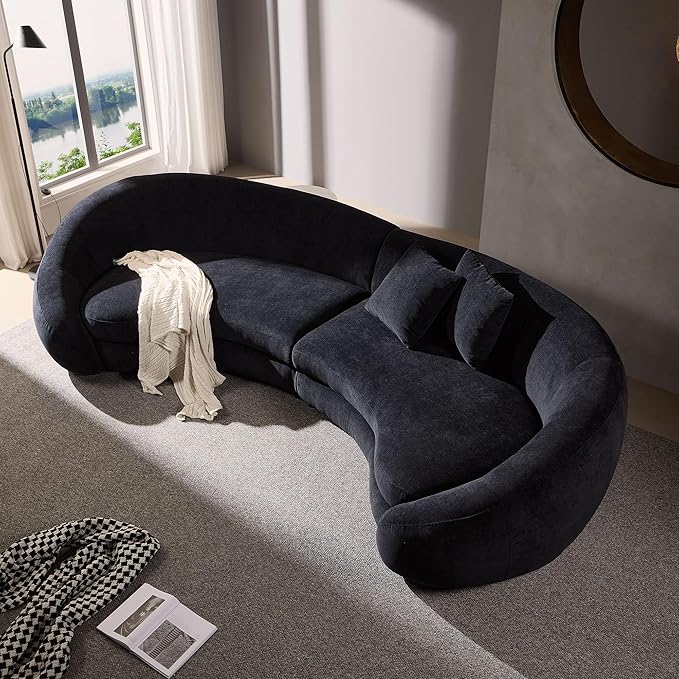 KEIKI 126" Curved Oversized Boucle Sectional Sofa with Love Heart Design, Modern 5-Seater Polyester Couch with 2 Decorative Pillows and Rolled Arms, Easy Assembly, for Apartment, Living Room, Black