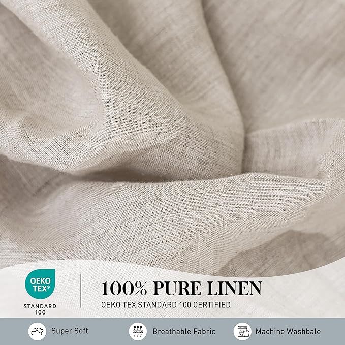 Simple&Opulence 100% Pure Linen Sheet Set King Size, Natural French Flax Solid Color 4 Pcs Washed Breathable, Farmhouse Bedding (1 Flat Sheet,1 Fitted Sheet,2 Pillowcases)-Embroidery Linen
