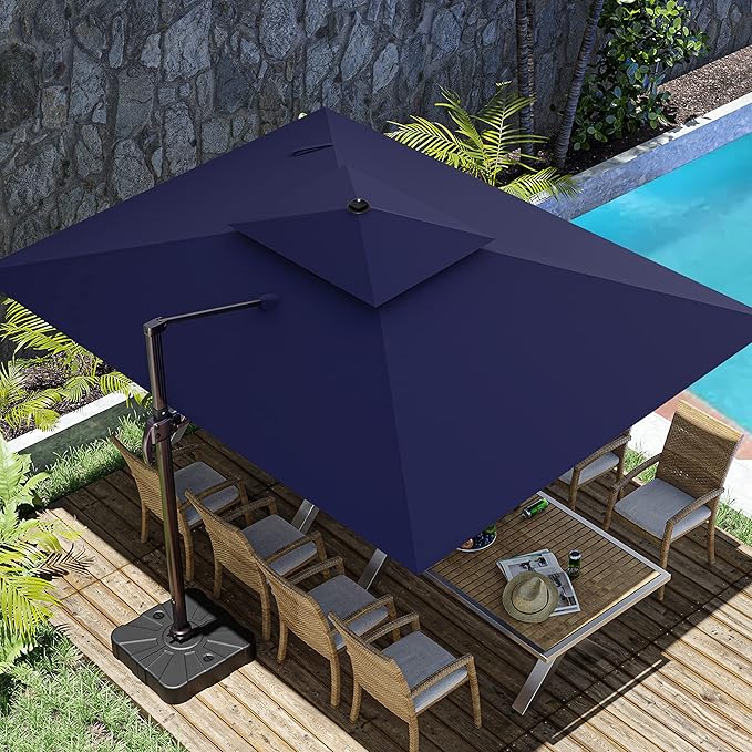 10x13FT Cantilever Outdoor Patio Umbrellas, Double Top Large Rectangle Umbrella, Heavy Duty 360° Rotation Offset Outdoor Sun Shade Umbrella for Garden Deck Pool Backyard, Navy Blue