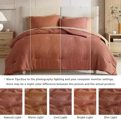 Geniospin Full Size Comforter Set- 7 Pieces Terracotta Textured King Bedding Set, Soft Solid Bed in a Bag for All Seasons, Fall Comforter Set with Sheets