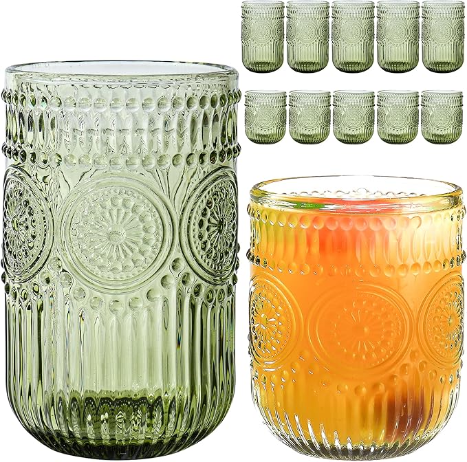Green Drinking Glasses Set of 12, 14 Oz Highball & 10 Oz Cocktail Glasses, Green Kitchen Vintage Glassware Set, Floral Embossed Glass Tumbler Cups for Juice, Beer, Water, Whiskey, Coffee