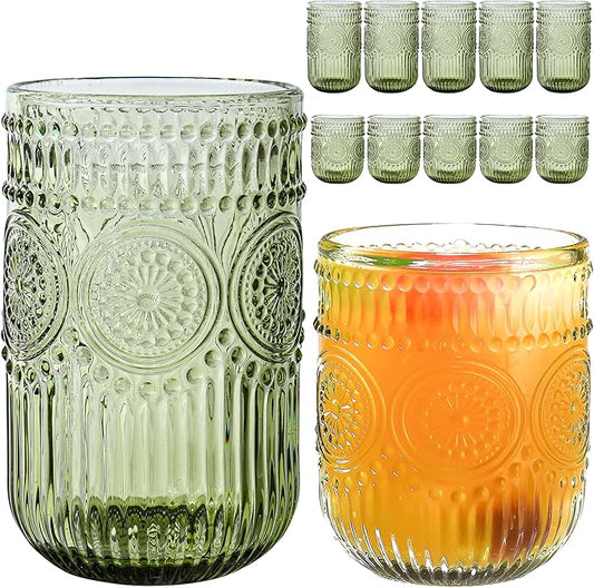Green Drinking Glasses Set of 12, 14 Oz Highball & 10 Oz Cocktail Glasses, Green Kitchen Vintage Glassware Set, Floral Embossed Glass Tumbler Cups for Juice, Beer, Water, Whiskey, Coffee