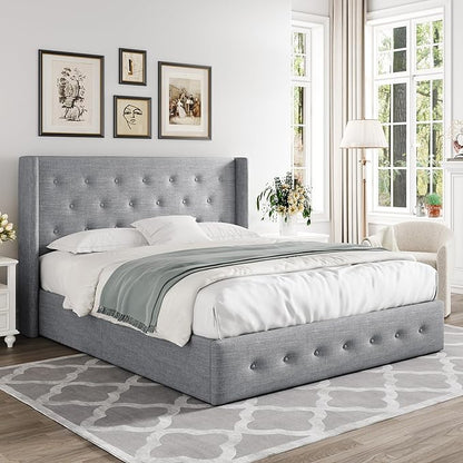 Allewie Queen Size Lift Up Storage Bed, Button Tufted Headboard with Wingback, Hydraulic Support, No Box Spring Needed, Light Grey