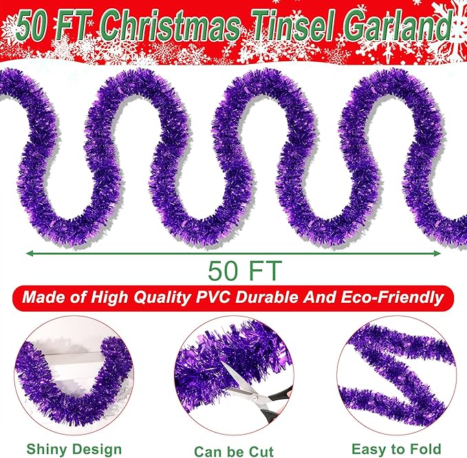 50 Purple Green Christmas Tinsel Garland for Christmas Tree Decorations, Xmas Metallic Twist Shiny Hanging Garland Decor for Mantle Stairs Fireplace Home Holiday Indoor Outdoor