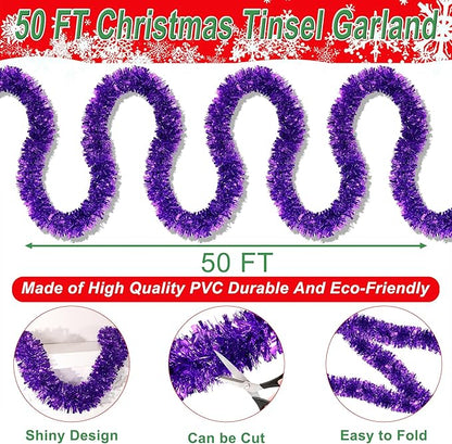 50 Purple Green Christmas Tinsel Garland for Christmas Tree Decorations, Xmas Metallic Twist Shiny Hanging Garland Decor for Mantle Stairs Fireplace Home Holiday Indoor Outdoor