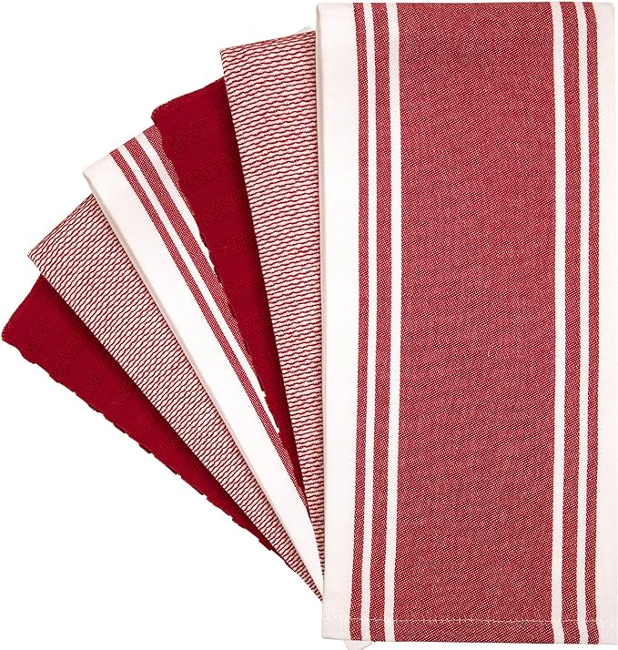 Premium Kitchen Towels 6 Pack Large Cotton Hand Towels Flat Terry Absorbent Hanging Loop Wide Stripe Red 20x28