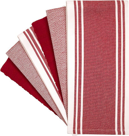 Premium Kitchen Towels 6 Pack Large Cotton Hand Towels Flat Terry Absorbent Hanging Loop Wide Stripe Red 20x28