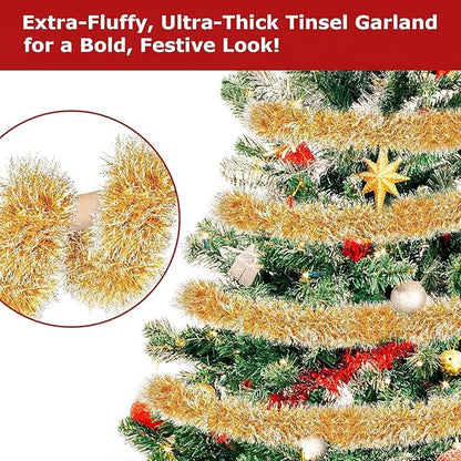Lush Christmas Tinsel Garland, Gold & White Radiant Metallic Twist Streamers for Holiday Decor, Plush & Full Xmas Tree Garland for an Elegant Festive Atmosphere, Indoor & Outdoor Party Supplies