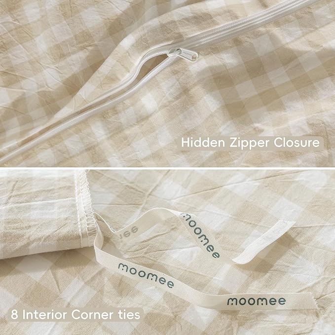 MooMee Gingham Duvet Cover Set 100% Washed Cotton Linen Like Textured Breathable Durable Soft Comfy Modern Checkered Design (Almond Milk Grey Gingham, Palatial King/Oversized King 120"x98")