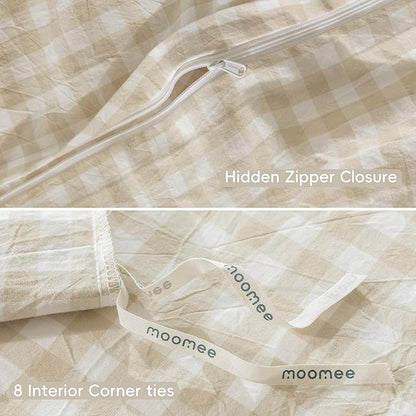 MooMee Gingham Duvet Cover Set 100% Washed Cotton Linen Like Textured Breathable Durable Soft Comfy Modern Checkered Design (Almond Milk Grey Gingham, Oversized Queen 98"x98")