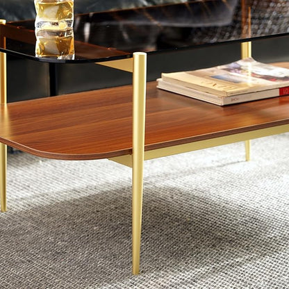 AGV LIGHTING Tadio Glass Coffee Table, Mid-Century Modern Coffee Table for Living Room, Gold Finish Leg, Coffee Brown Glass Top & Walnut Brown Shelf, Rounded Corners