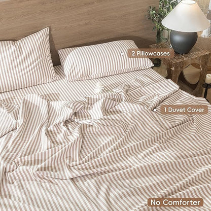 MooMee Striped Duvet Cover Set 100% Washed Cotton Linen Like Textured Breathable Durable Soft Comfy (Orange Classic Stripes, Full 80"x90")