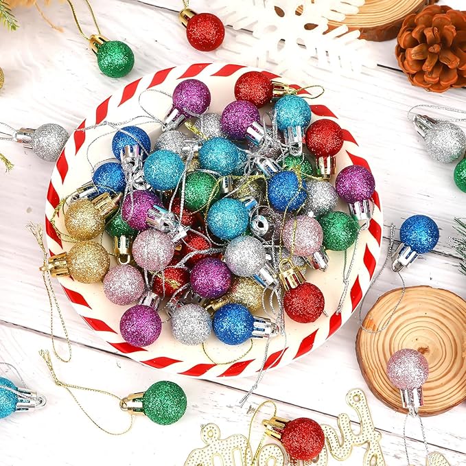 Jansun 60PCS Christmas Mini Balls Ornaments Miniature Xmas Tree Hanging Decorations Small Vintage Multicolour Glitter Balls for Holiday Party Outdoor Indoor DIY Craft Decor Supplies