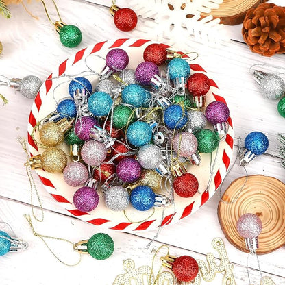 Jansun 60PCS Christmas Mini Balls Ornaments Miniature Xmas Tree Hanging Decorations Small Vintage Multicolour Glitter Balls for Holiday Party Outdoor Indoor DIY Craft Decor Supplies