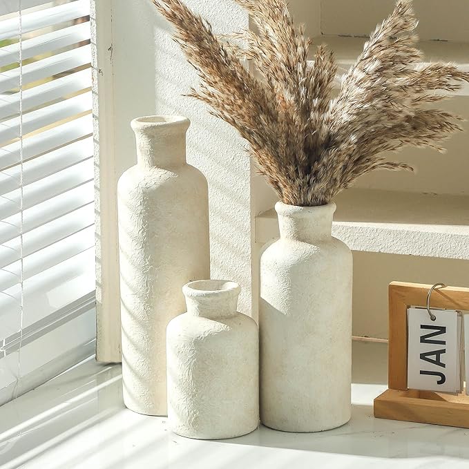 Ceramic Vases Set of 3, Whitewashed Neutral Flower Vases Home Decor, Pottery Rustic Farmhouse Decorative Vases Modern Decor for Table Mantel Entryway Bookshelf Living Room Kitchen Bedroom