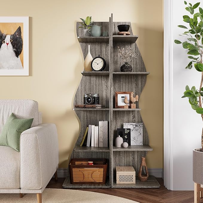 LITTLE TREE 70-Inch Corner Shelf, Seaweed Shaped Etagere Display Bookshelf, Freestanding 5-Tier Wall Shelves for Small Spaces, Living Room, Bedroom, Grey, 2 Pack