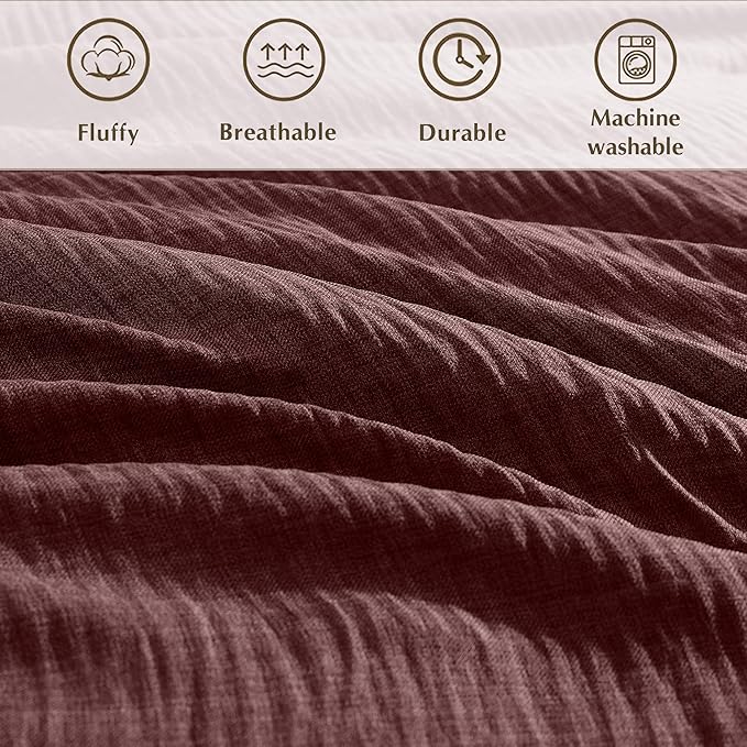Geniospin Queen Comforter Set - 7 Pieces Comforter Queen Size, Soft Solid Bedding Set for All Season, Textured Bed in a Bag with Sheets, Pillowcases & Shams (Burgundy, 90''x90'')