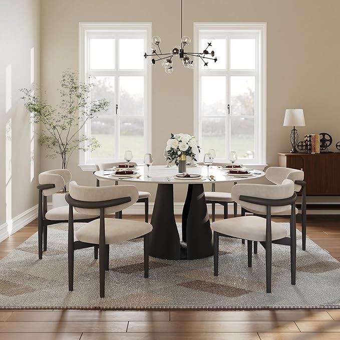 POVISON 59" Round Dining Table for 6, Glossy White Sintered Stone Dining Tabletop with Black Carbon Steel Base, Circle Kitchen Table for Dining Room (Table Only)