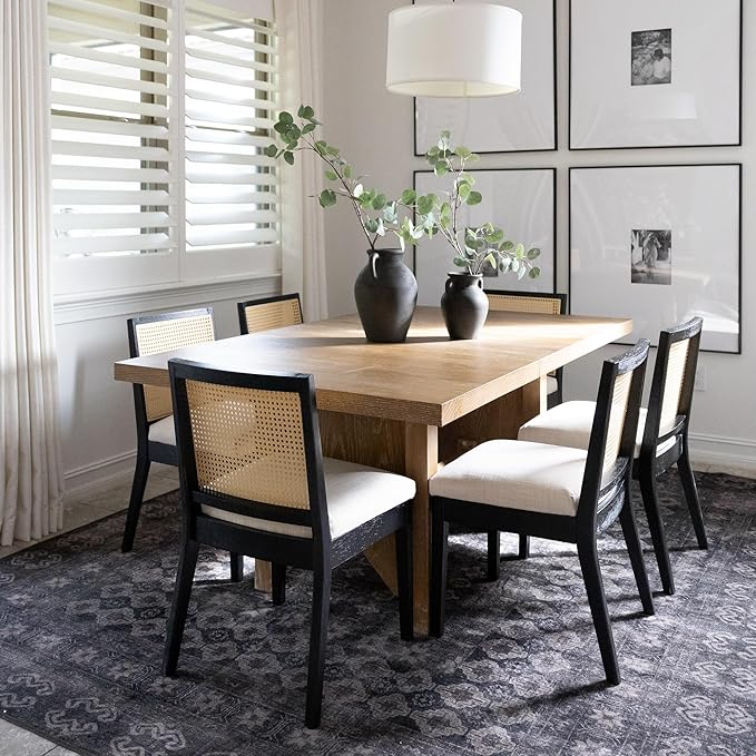 Farmhouse Rattan Dining Chairs Set of 6 Black Wood Dining Room Chairs Rectangle Cane Country Kitchen Chairs Upholstered Wood Dining Chair for Dining Room, Cream Linen