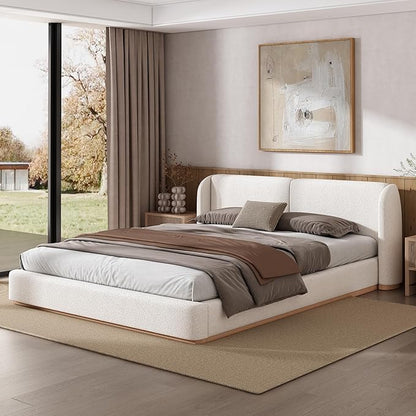 Queen Size Bed Frame, Upholstered Cloud Boucle Platform Beds Frames with Headboard, Anti-Collision Soft Rounded Corners Footboard, No Box Spring Required, Easy Assembly (36" White, Queen)