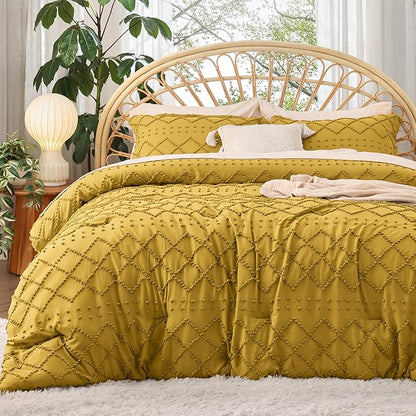 Bedsure King Comforter Set - Mustard Yellow Comforter, Boho Tufted Shabby Chic Bedding for Kids, 3 Pieces Vintage Farmhouse Bed Set for All Seasons, Fluffy Soft Bedding with 2 Pillow Shams